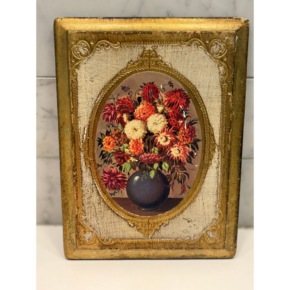 Vintage MCM Gold Gilt Italian Florentine Decoupage Floral Art Wood Carved Italy